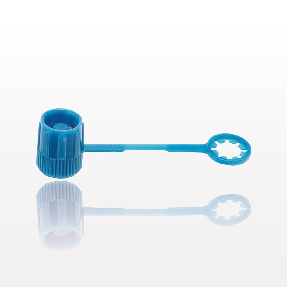 Male Luer Lock Cap, Non-Vented w/Strap, Blue