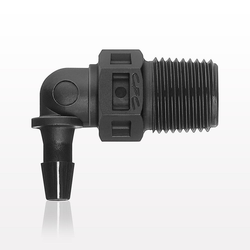 Threaded Elbow Connector, Barbed, Black, 100/Bag