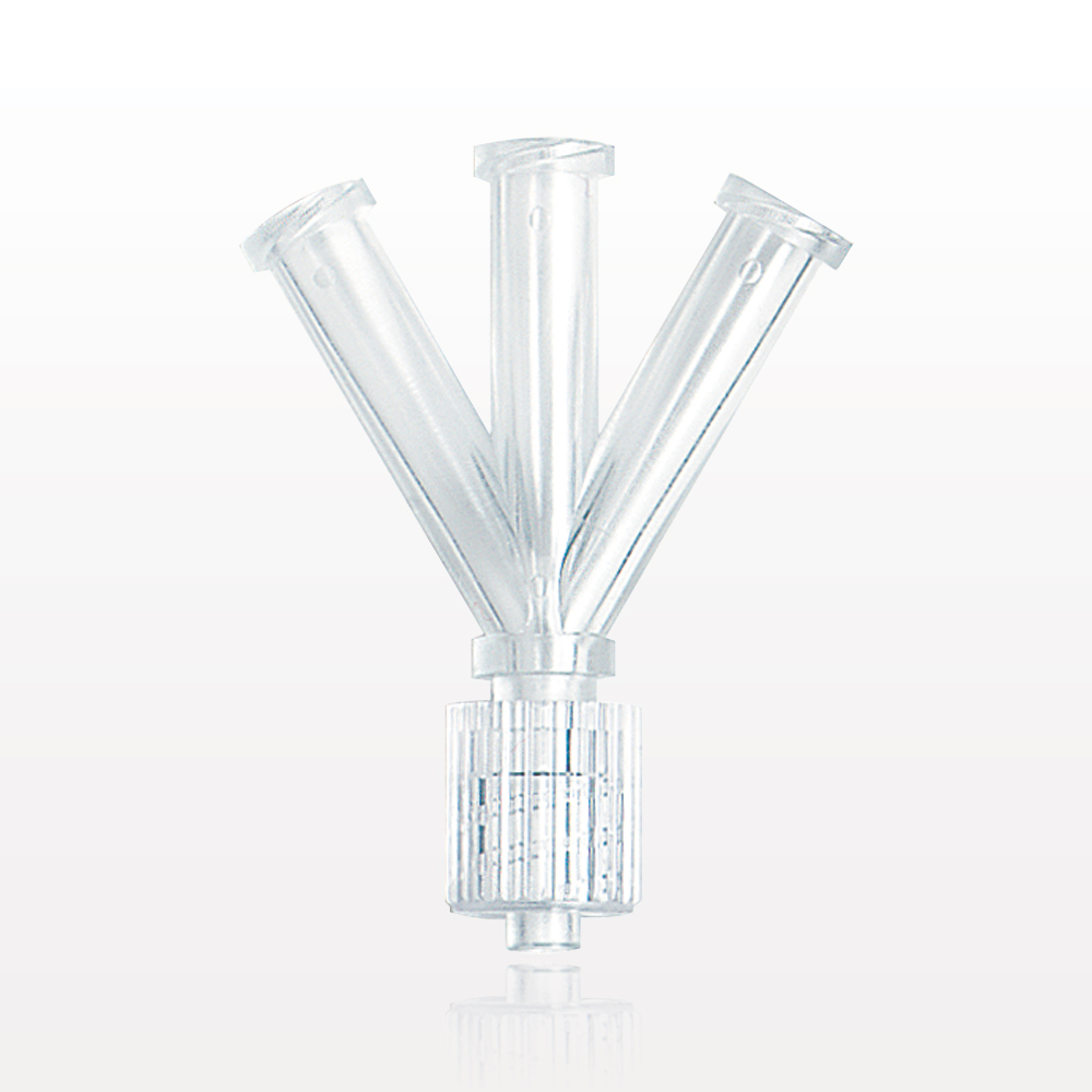 Y Connector, 4-Way, 3 Female Luer Locks, Male Luer w/Spin Lock, Clear