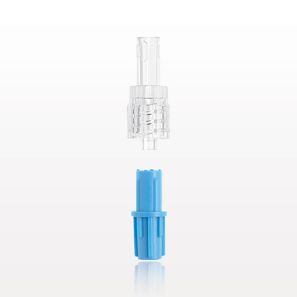 Male Luer w/Spin Lock, Tubing Port, Clear w/Blue Vented Cap