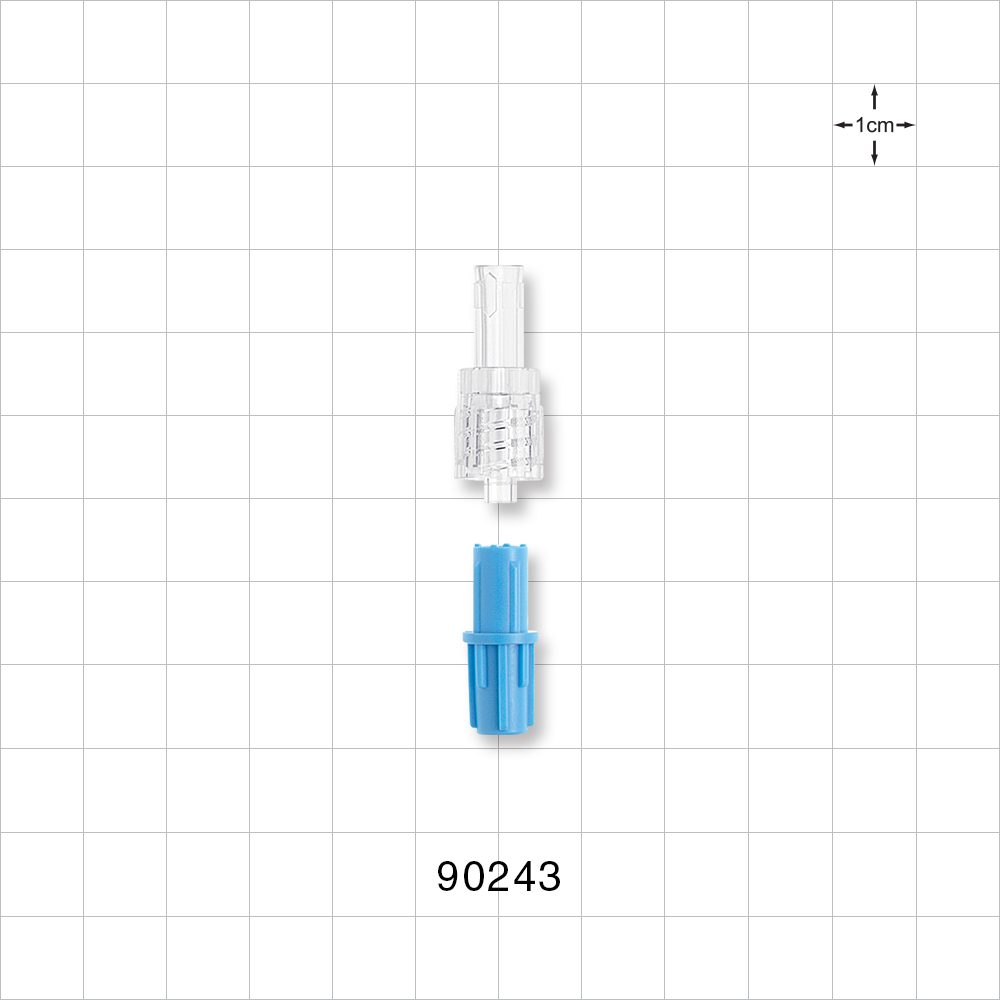 Male Luer w/Spin Lock, Tubing Port, Clear w/Blue Vented Cap